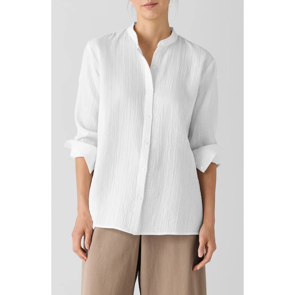 NWOT Eileen Fisher Mandarin Collar Textured Organic Cotton Button-Up Shirt Sz 1X